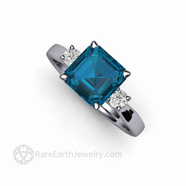 Asscher Cut London Blue Topaz Ring 3 Stone Design, Rare Earth Jewelry