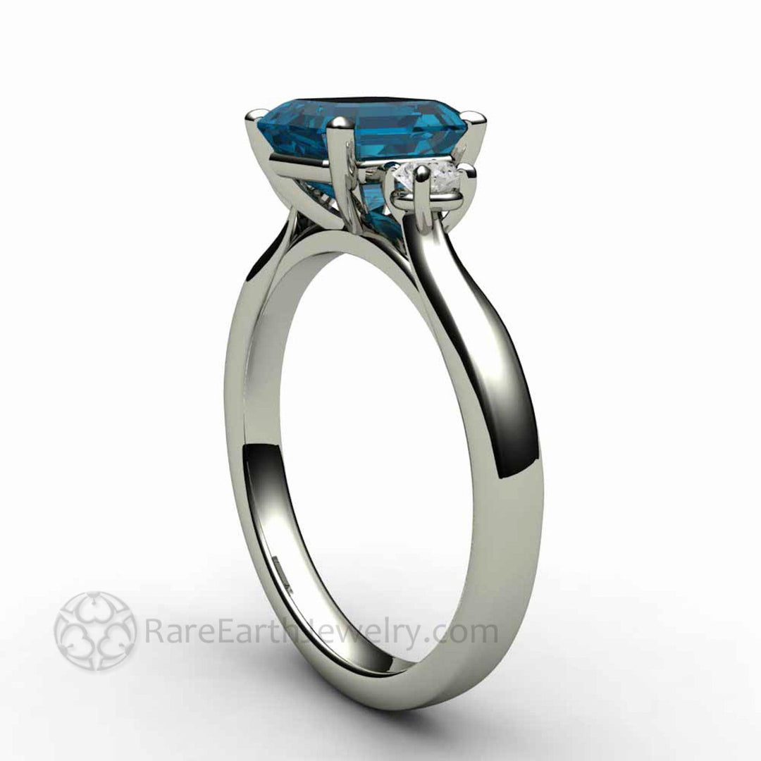 Asscher Cut London Blue Topaz Ring 3 Stone Design, Rare Earth Jewelry