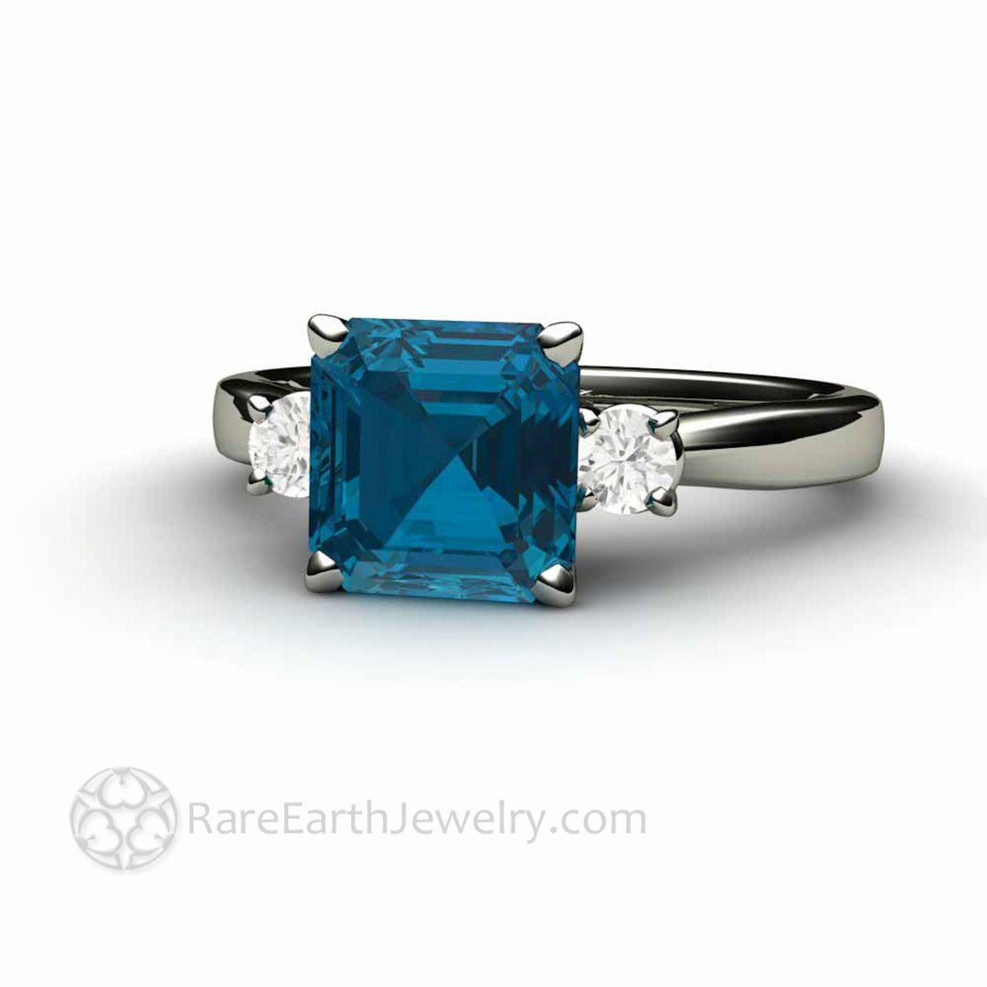 Asscher Cut London Blue Topaz Ring 3 Stone Design, Rare Earth Jewelry