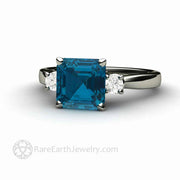 Asscher Cut London Blue Topaz Engagement Ring Three Stone London Blue Topaz Ring 14K White Gold - Rare Earth Jewelry