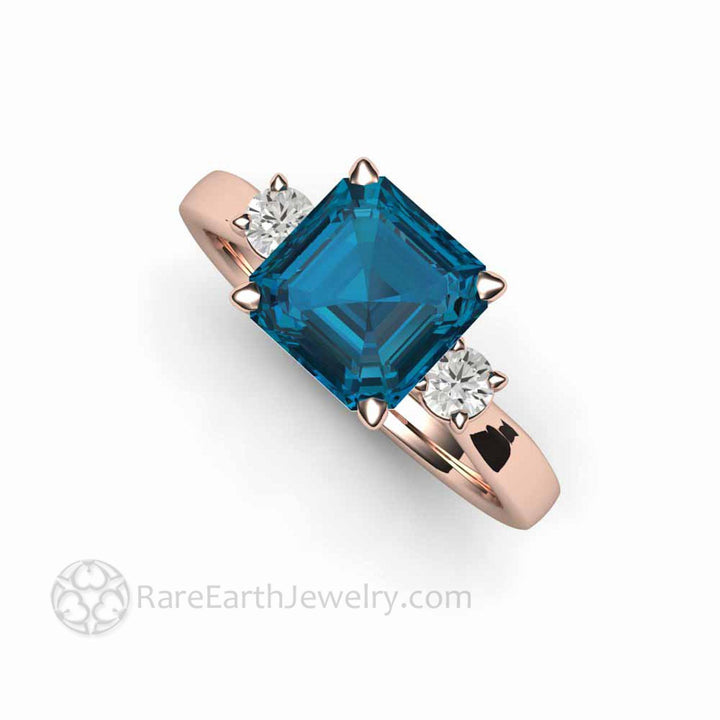 Asscher Cut London Blue Topaz Ring 3 Stone Design, Rare Earth Jewelry
