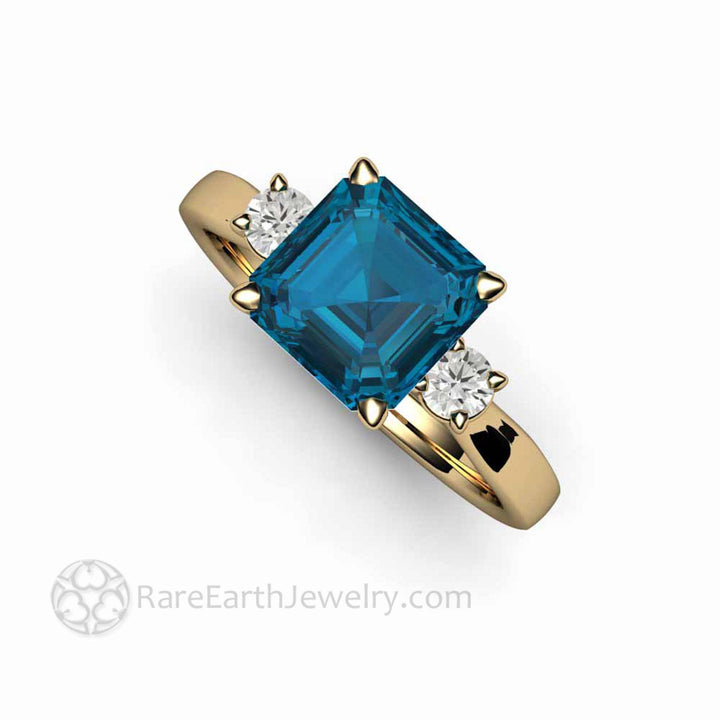 Asscher Cut London Blue Topaz Ring 3 Stone Design, Rare Earth Jewelry