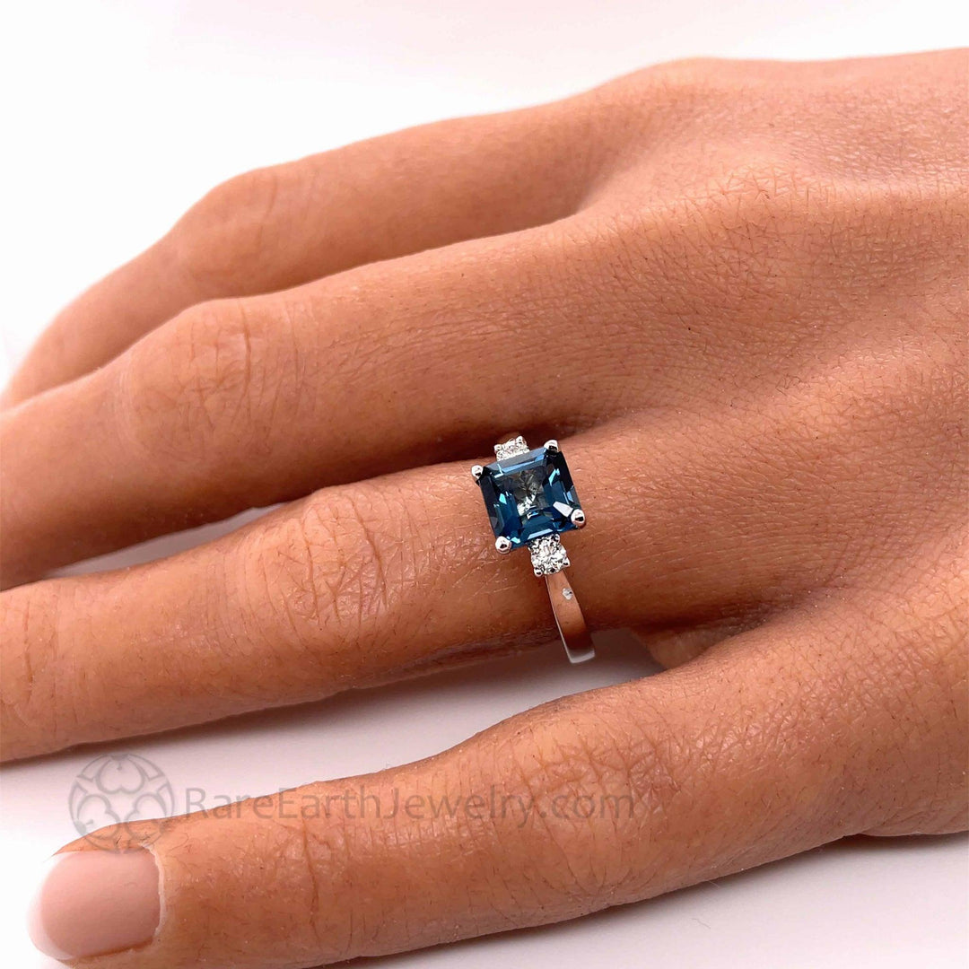 Asscher Cut London Blue Topaz Ring 3 Stone Design, Rare Earth Jewelry