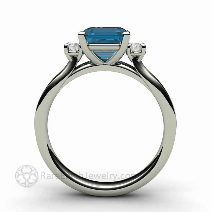 Asscher Cut London Blue Topaz Ring 3 Stone Design, Rare Earth Jewelry