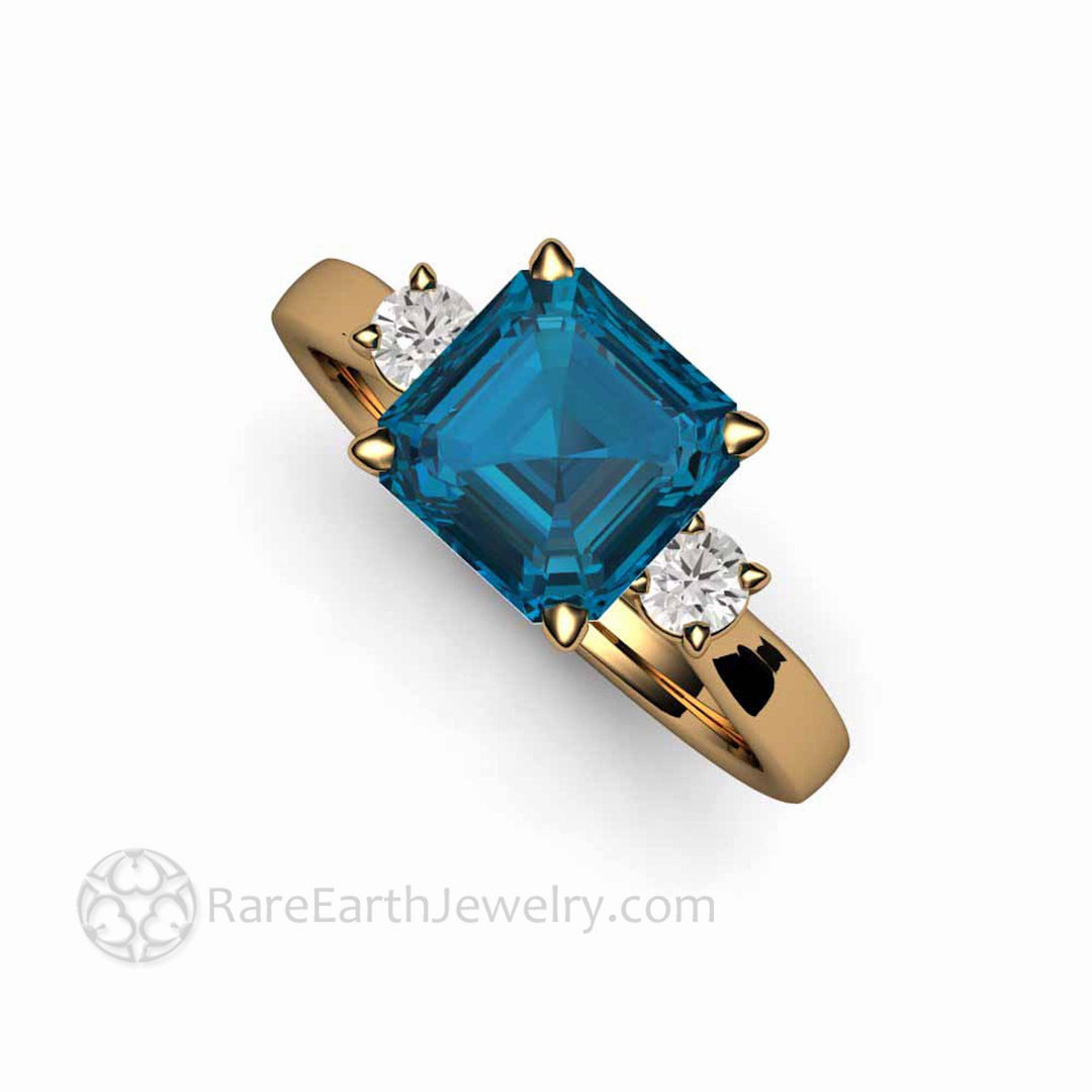 Asscher Cut London Blue Topaz Ring 3 Stone Design, Rare Earth Jewelry