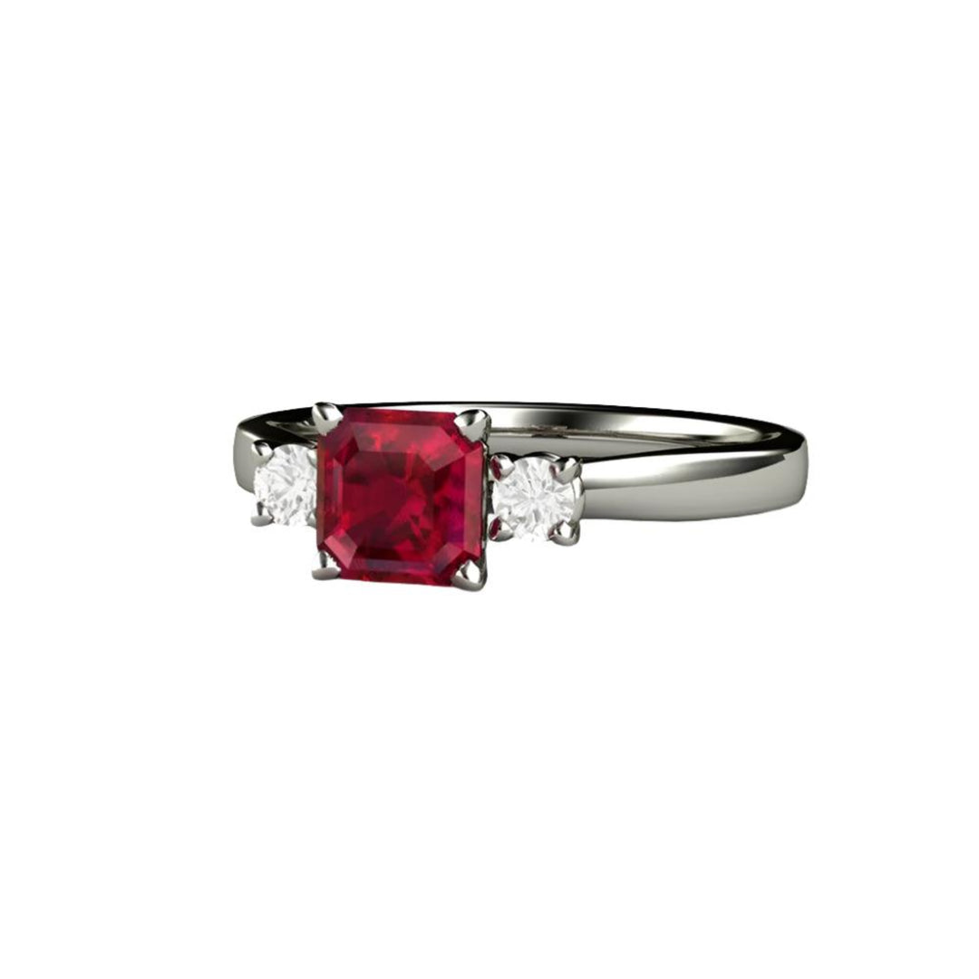 Ruby Engagement Ring Asscher cut Three Stone Diamond Accents, Rare Earth Jewelry