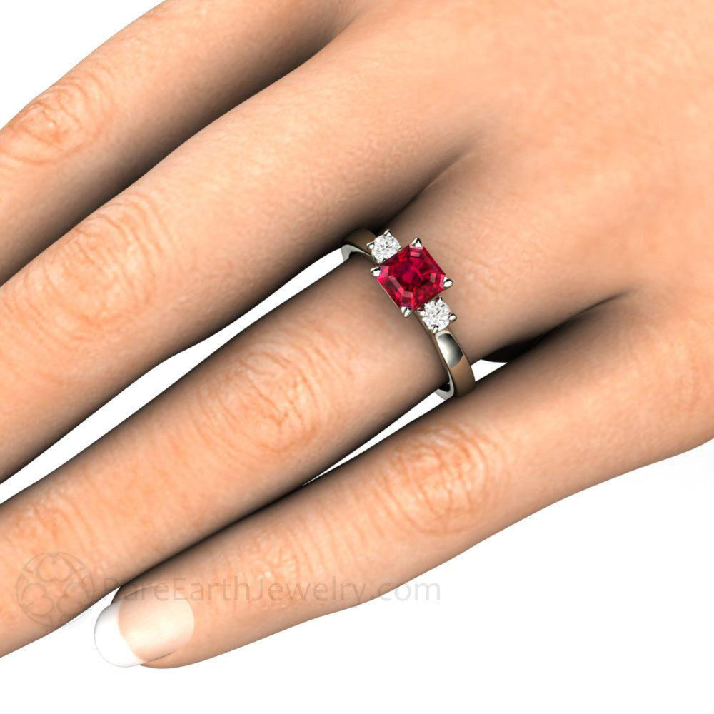 Ruby Engagement Ring Asscher cut Three Stone Diamond Accents, Rare Earth Jewelry