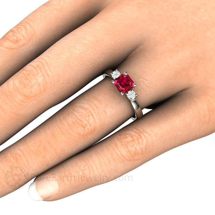 Ruby Engagement Ring Asscher cut Three Stone Diamond Accents, Rare Earth Jewelry
