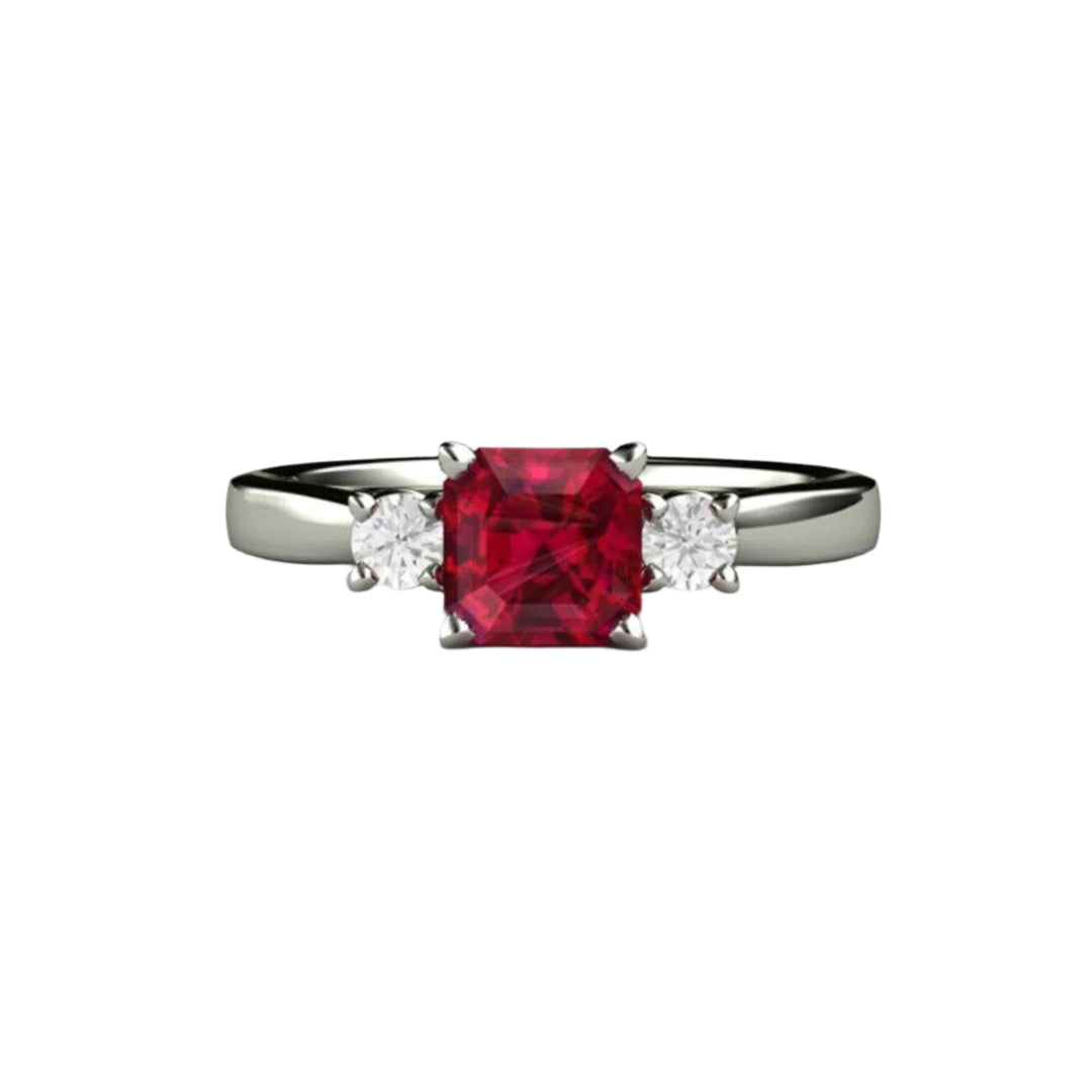 Ruby Engagement Ring Asscher cut Three Stone Diamond Accents, Rare Earth Jewelry