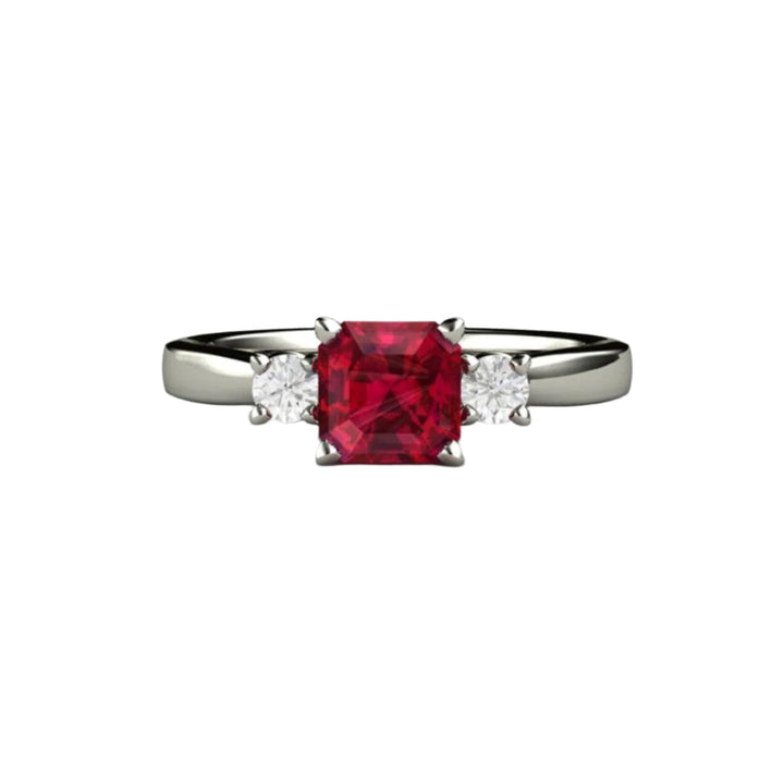 Ruby Engagement Ring Asscher cut Three Stone Diamond Accents, Rare Earth Jewelry