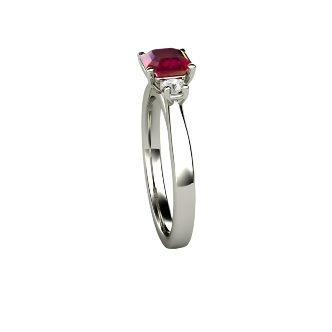 Ruby Engagement Ring Asscher cut Three Stone Diamond Accents, Rare Earth Jewelry