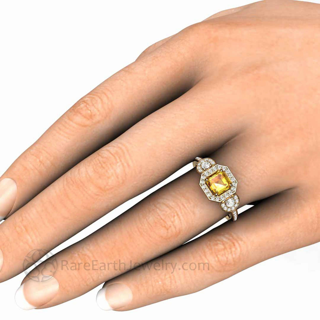 Natural Yellow Sapphire Engagement Ring Asscher Cut Three Stone, Rare Earth Jewelry