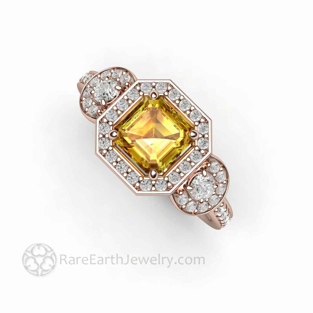 Natural Yellow Sapphire Engagement Ring Asscher Cut Three Stone, Rare Earth Jewelry