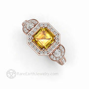 Asscher Cut Yellow Sapphire Engagement Ring Three Stone Diamond Halo 18K Rose Gold - Engagement Only - Rare Earth Jewelry