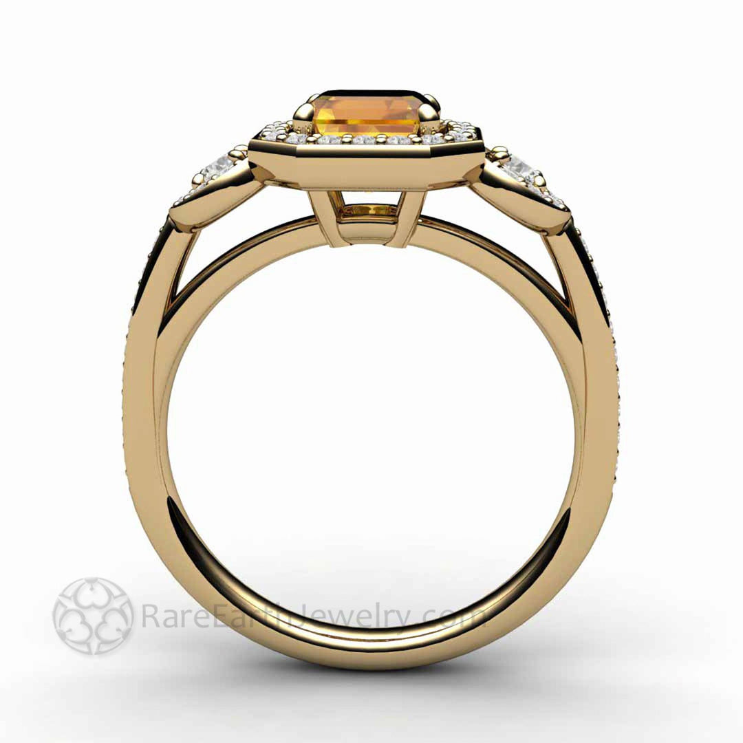 Natural Yellow Sapphire Engagement Ring Asscher Cut Three Stone, Rare Earth Jewelry