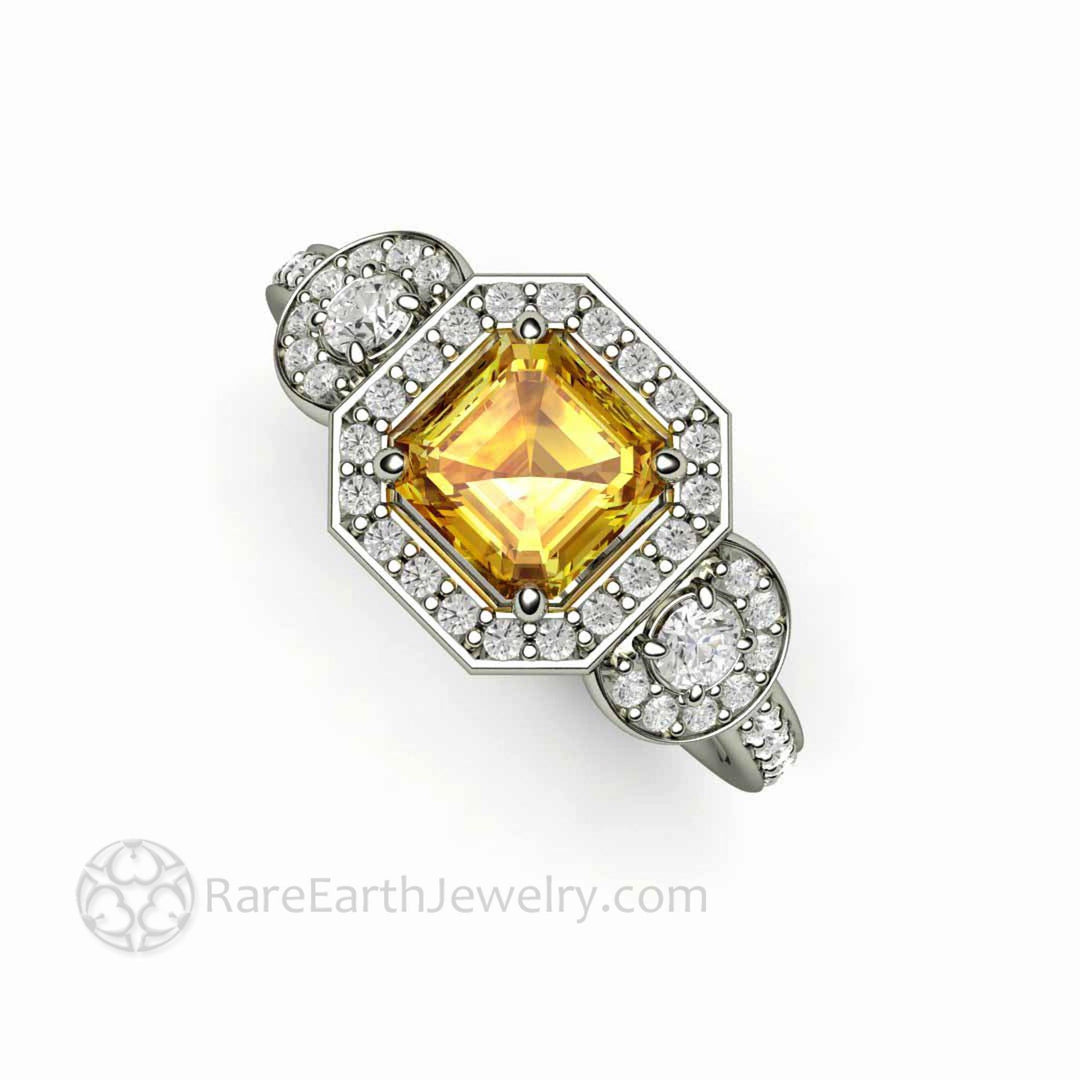 Natural Yellow Sapphire Engagement Ring Asscher Cut Three Stone, Rare Earth Jewelry