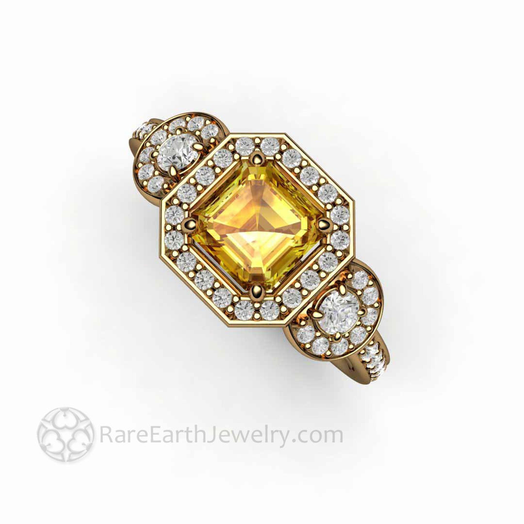 Natural Yellow Sapphire Engagement Ring Asscher Cut Three Stone, Rare Earth Jewelry