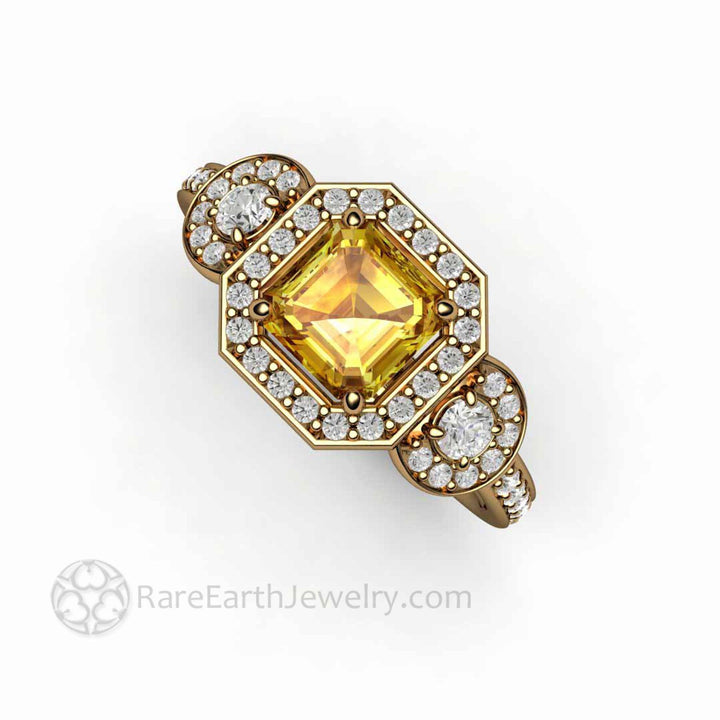 Natural Yellow Sapphire Engagement Ring Asscher Cut Three Stone, Rare Earth Jewelry