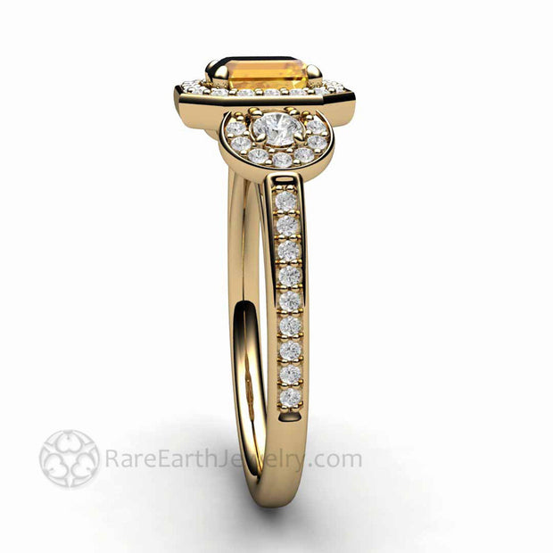 Asscher Cut Yellow Sapphire Engagement Ring Three Stone Diamond Halo - 14K Yellow Gold - Engagement Only - Asscher - Halo - Sapphire - Rare Earth Jewelry