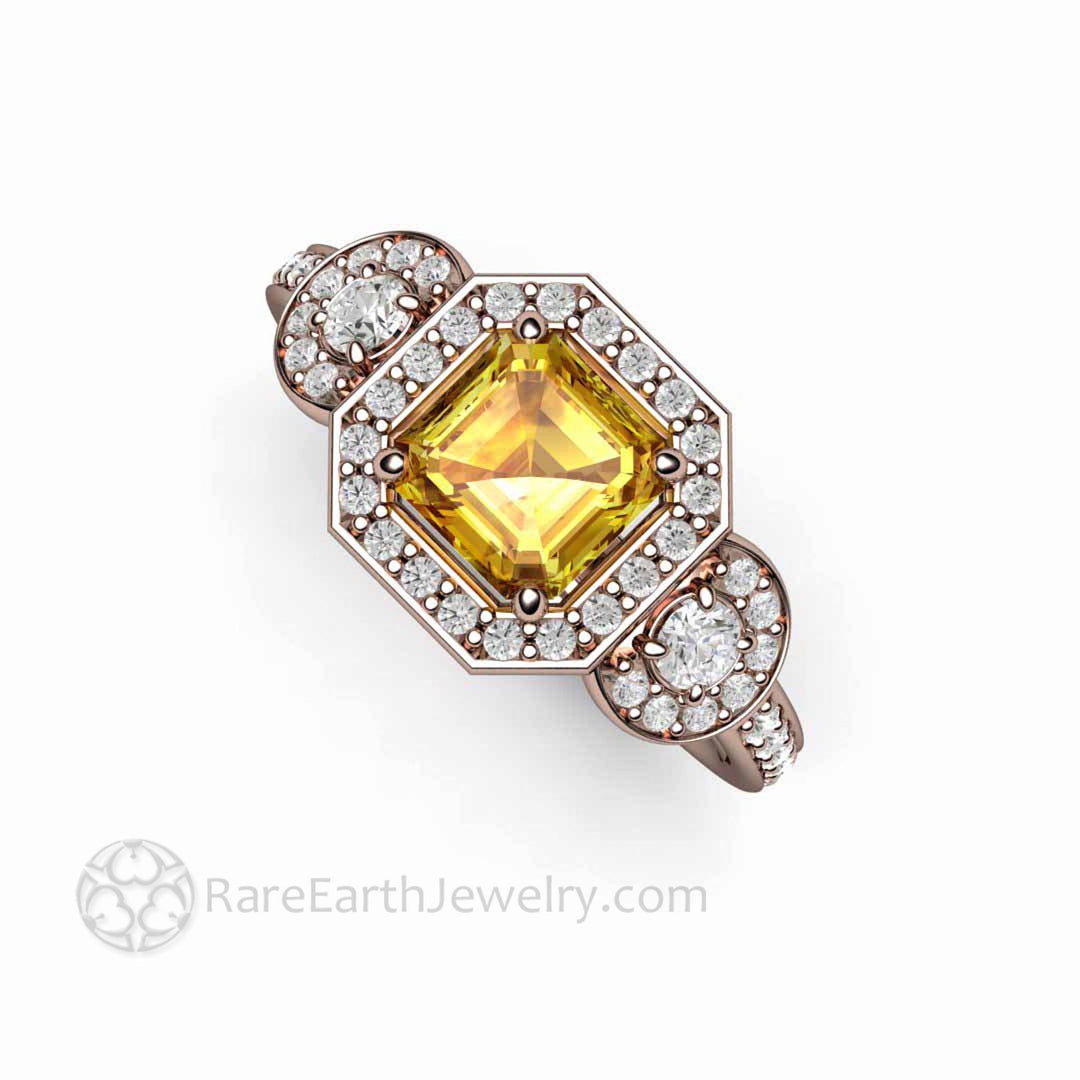 Natural Yellow Sapphire Engagement Ring Asscher Cut Three Stone, Rare Earth Jewelry