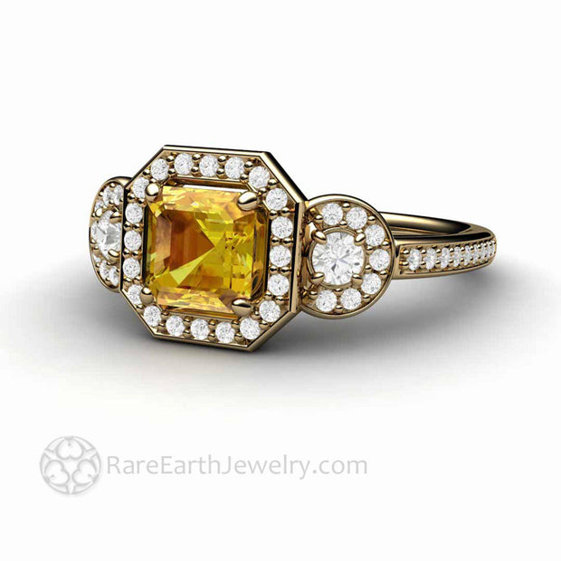 Asscher Cut Yellow Sapphire Engagement Ring Three Stone Diamond Halo 14K Yellow Gold - Engagement Only - Rare Earth Jewelry