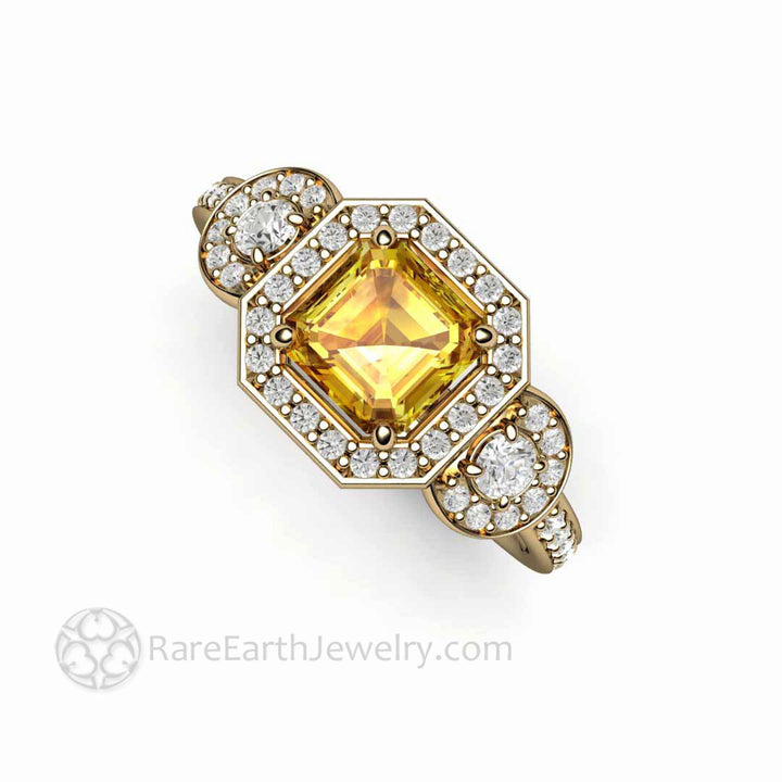 Natural Yellow Sapphire Engagement Ring Asscher Cut Three Stone, Rare Earth Jewelry