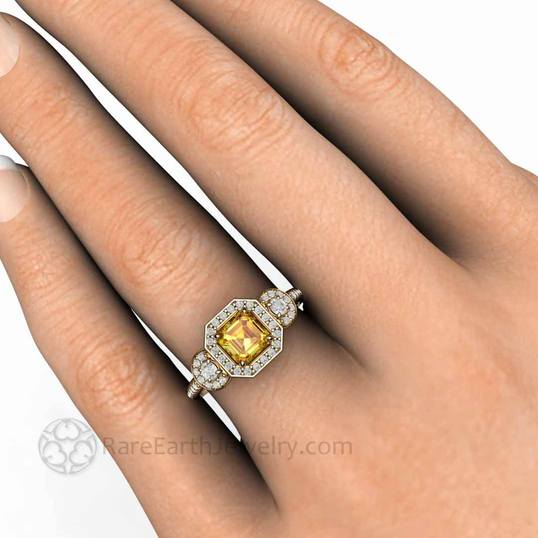 Natural Yellow Sapphire Engagement Ring Asscher Cut Three Stone, Rare Earth Jewelry