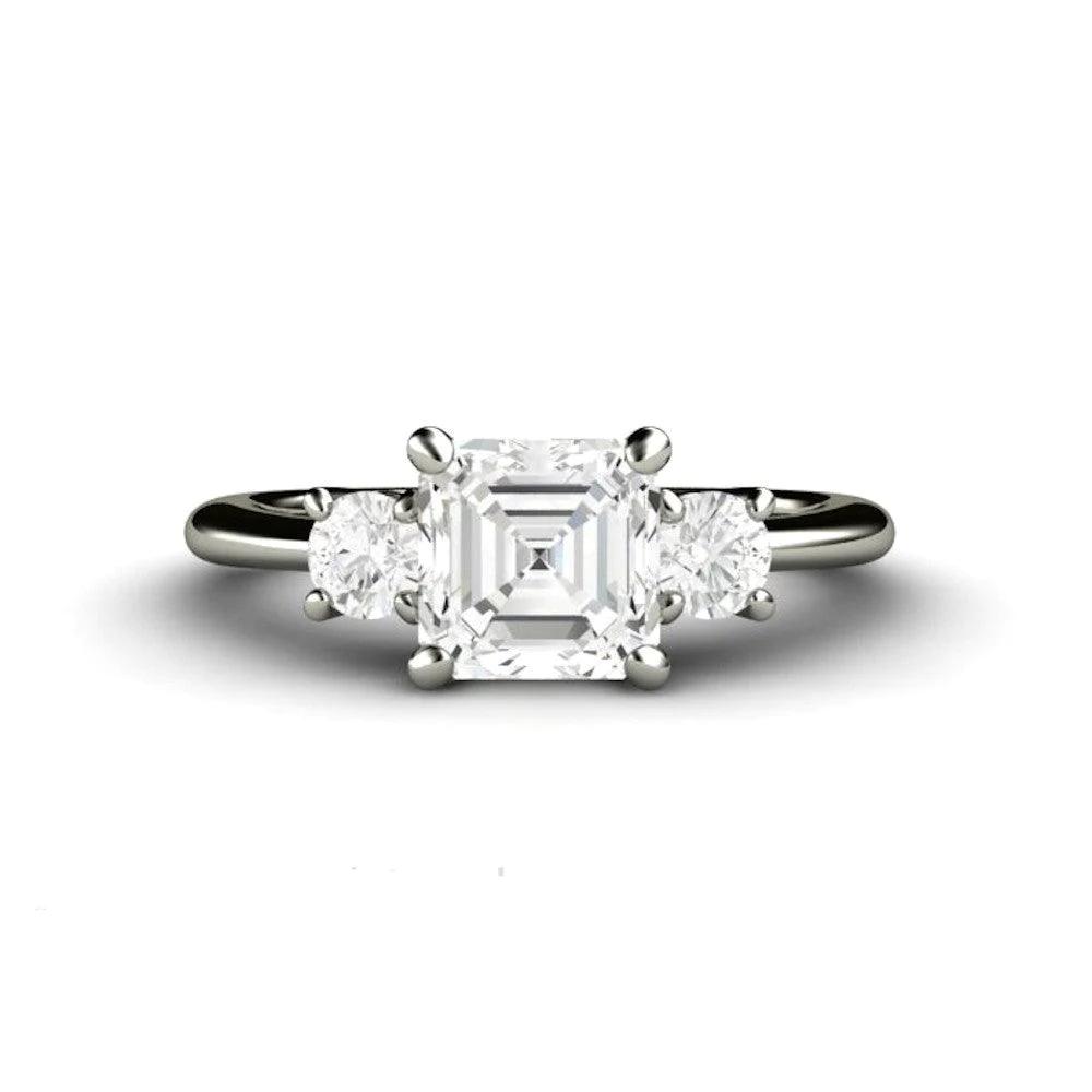 Asscher Cut Moissanite 3 Stone Engagement Ring in Gold or Platinum, Rare Earth Jewelry