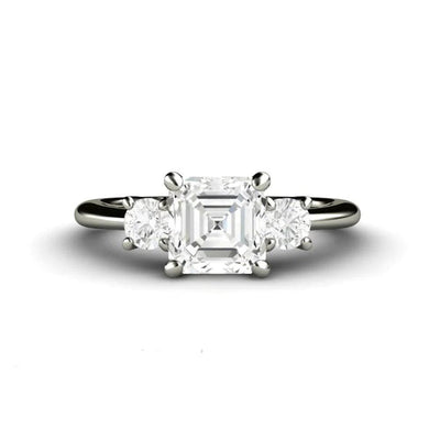 Forever One Moissanite Asscher Engagement Ring in a classic 3 Stone Design in Gold or Platinum from Rare Earth Jewelry.