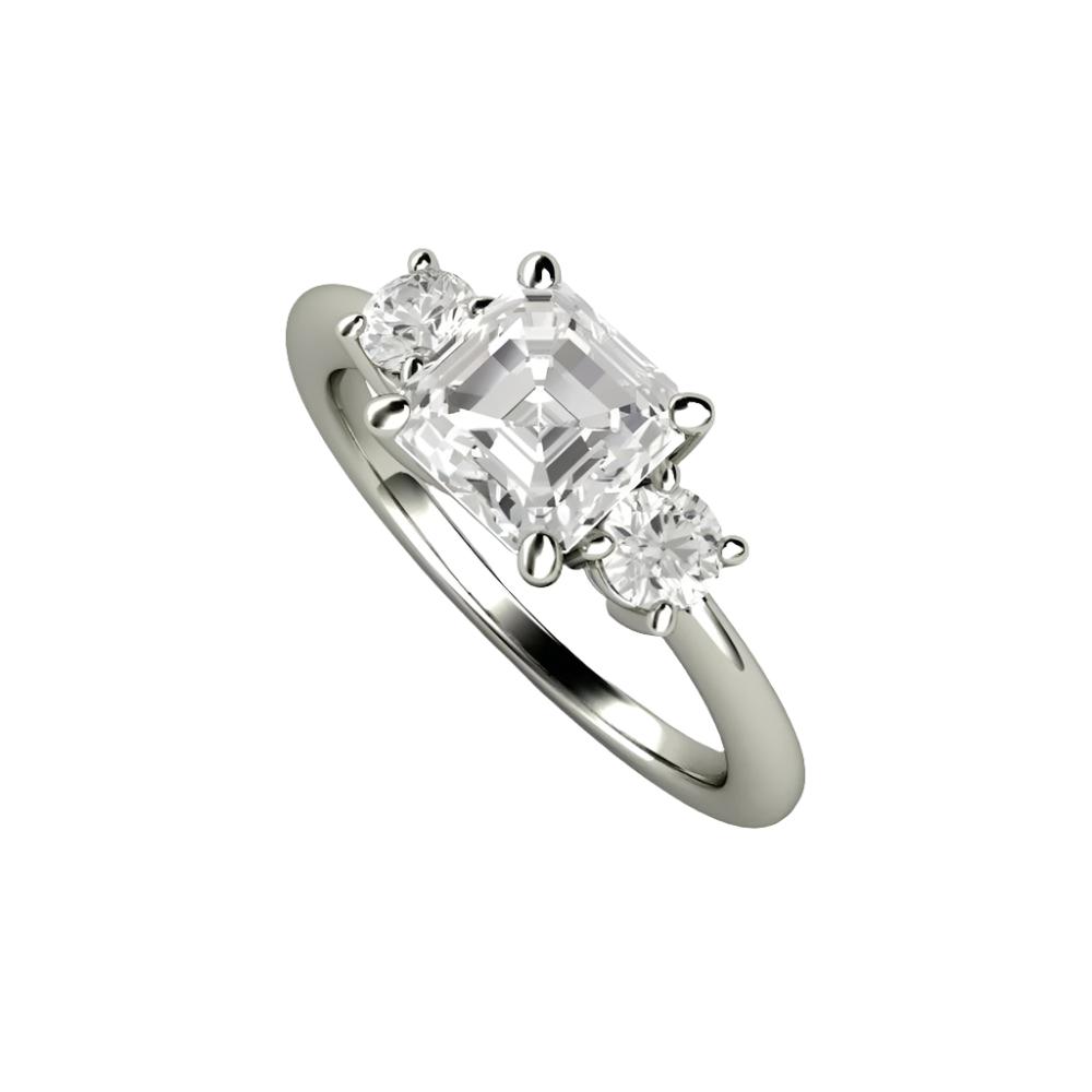 Asscher Cut Moissanite 3 Stone Engagement Ring in Gold or Platinum, Rare Earth Jewelry