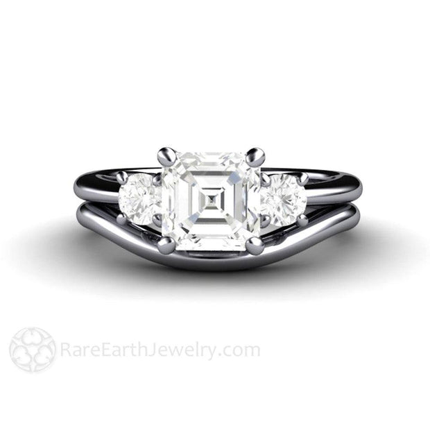 Asscher Forever One Moissanite Engagement Ring or Wedding Set Platinum - Wedding Set - Rare Earth Jewelry