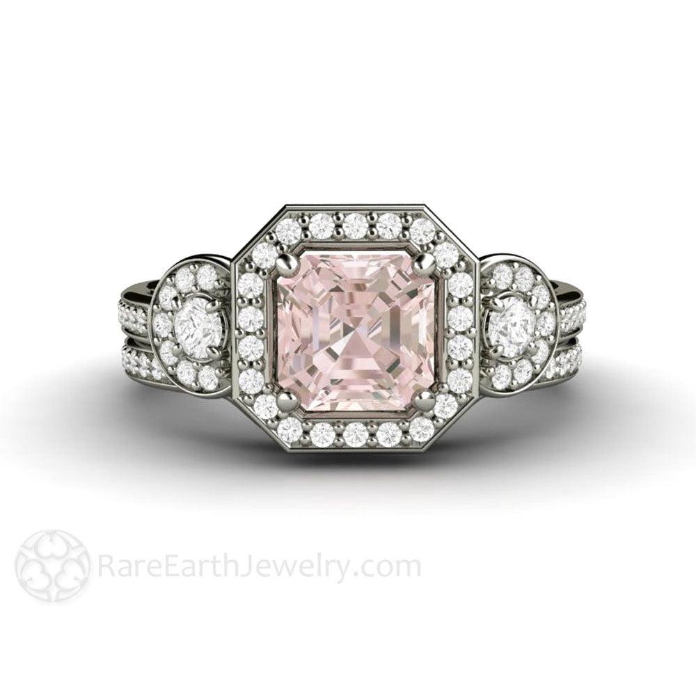 Asscher Morganite Engagement Ring Diamond Halo 3 Stone, Rare Earth Jewelry