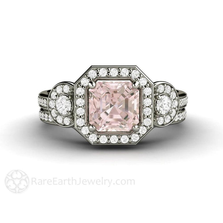 Asscher Morganite Engagement Ring Diamond Halo 3 Stone, Rare Earth Jewelry