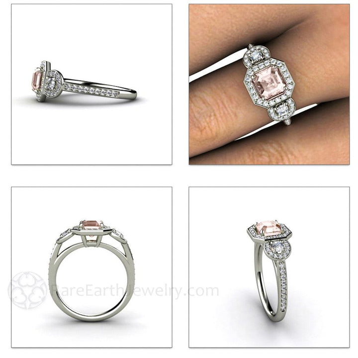 Asscher Morganite Engagement Ring Diamond Halo 3 Stone, Rare Earth Jewelry