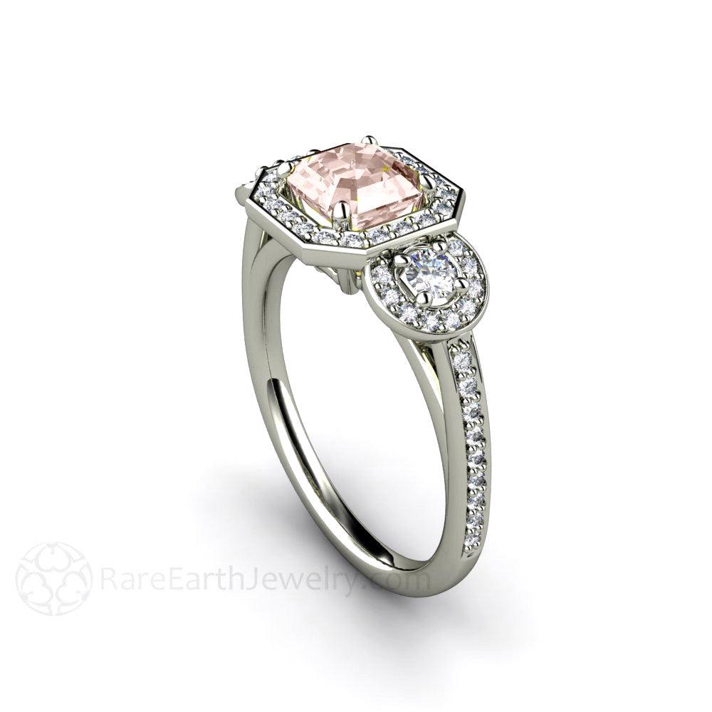 Asscher Morganite Engagement Ring Diamond Halo 3 Stone, Rare Earth Jewelry