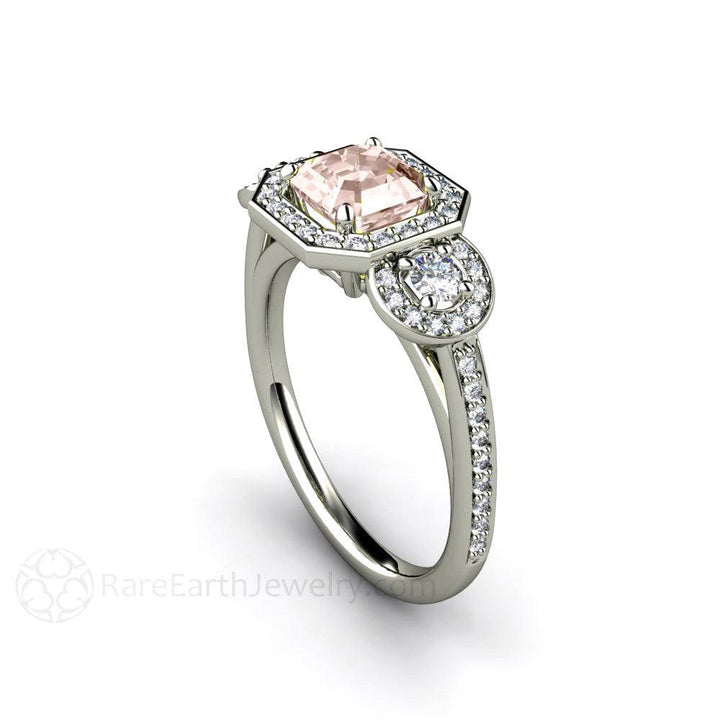 Asscher Morganite Engagement Ring Diamond Halo 3 Stone, Rare Earth Jewelry