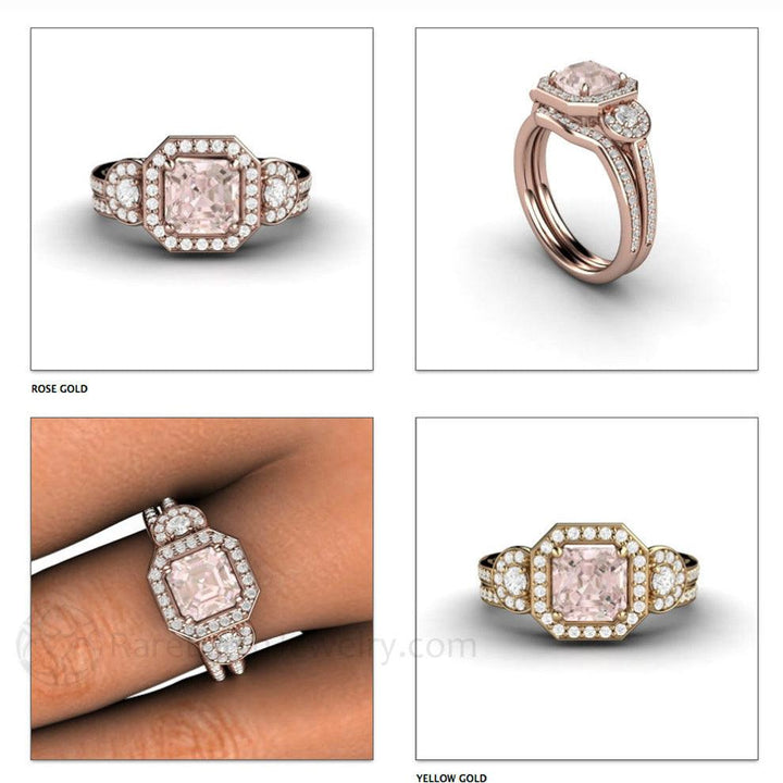 Asscher Morganite Engagement Ring Diamond Halo 3 Stone, Rare Earth Jewelry