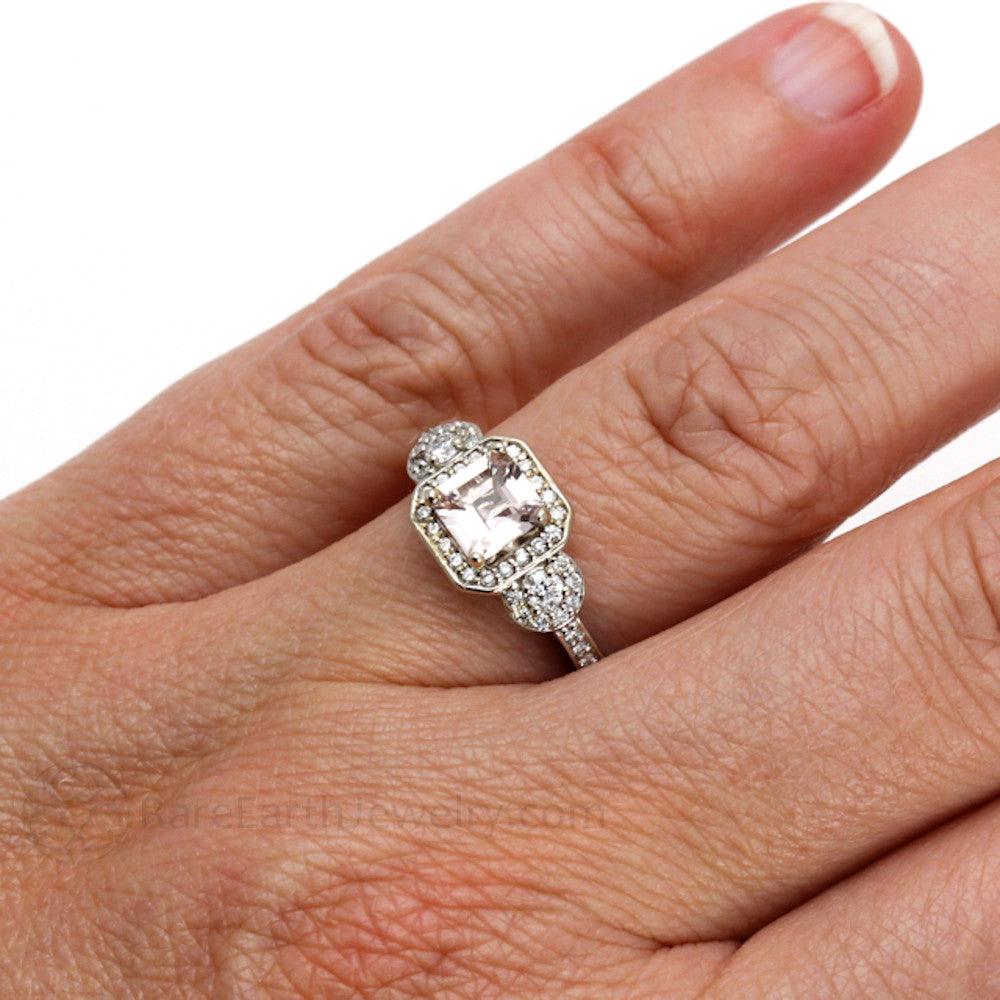 Asscher Morganite Engagement Ring Diamond Halo 3 Stone, Rare Earth Jewelry