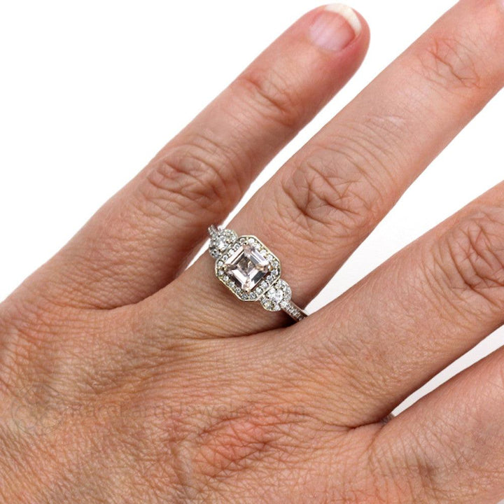 Asscher Morganite Engagement Ring Diamond Halo 3 Stone, Rare Earth Jewelry