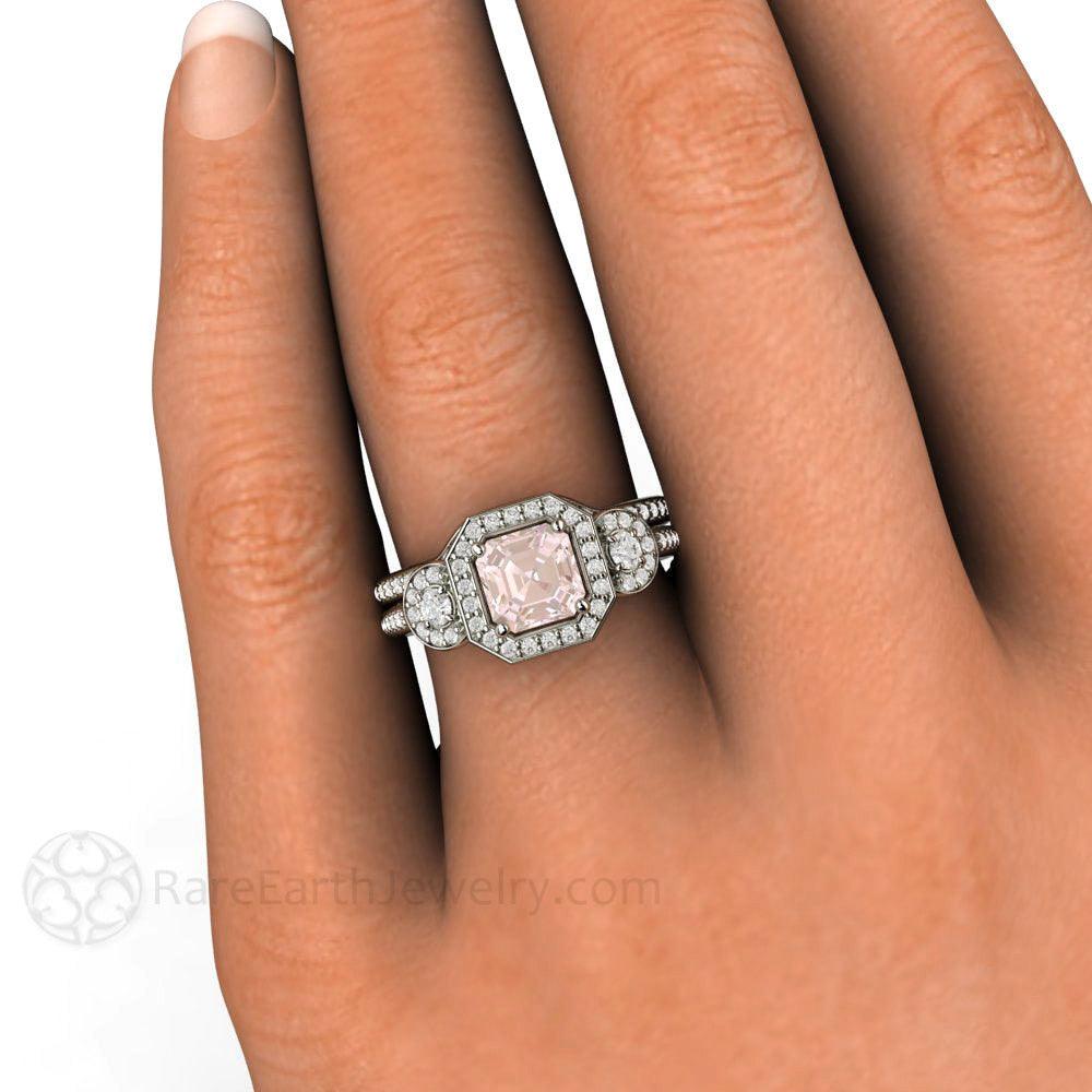 Asscher Morganite Engagement Ring Diamond Halo 3 Stone, Rare Earth Jewelry