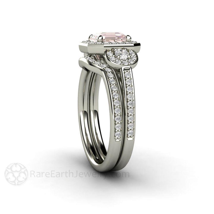 Asscher Morganite Engagement Ring Diamond Halo 3 Stone, Rare Earth Jewelry