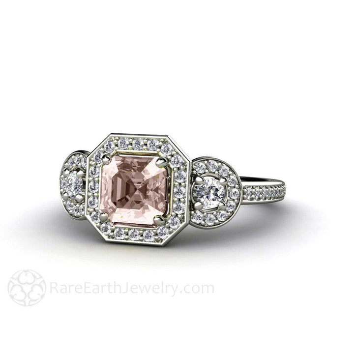 Asscher Morganite Engagement Ring Diamond Halo 3 Stone, Rare Earth Jewelry