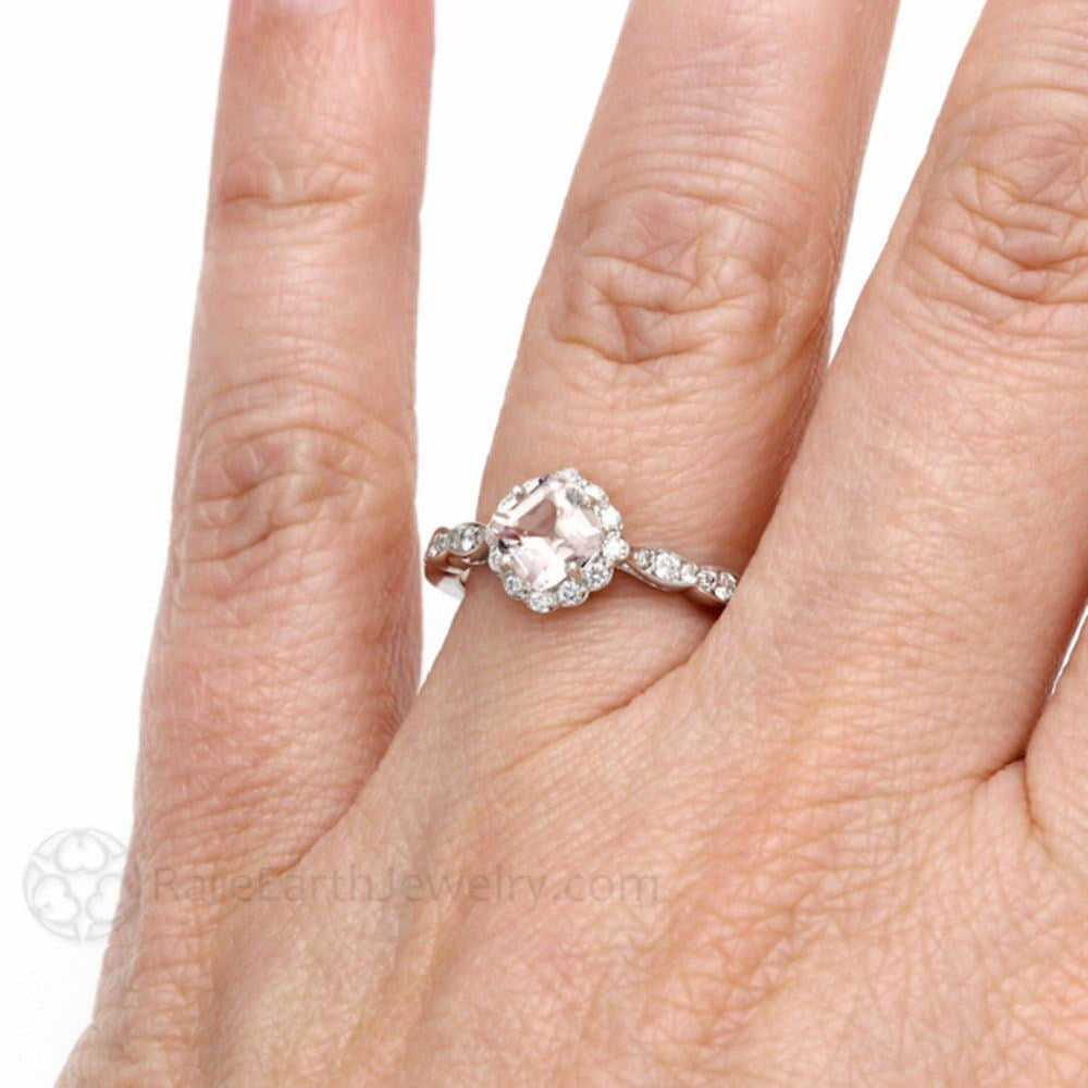 Asscher Morganite Engagement Ring Vintage Style Diamond Halo, Rare Earth Jewelry