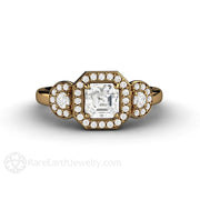 Asscher White Sapphire Engagement Ring 3 Stone Diamond Halo 18K Yellow Gold - Engagement Only - Rare Earth Jewelry