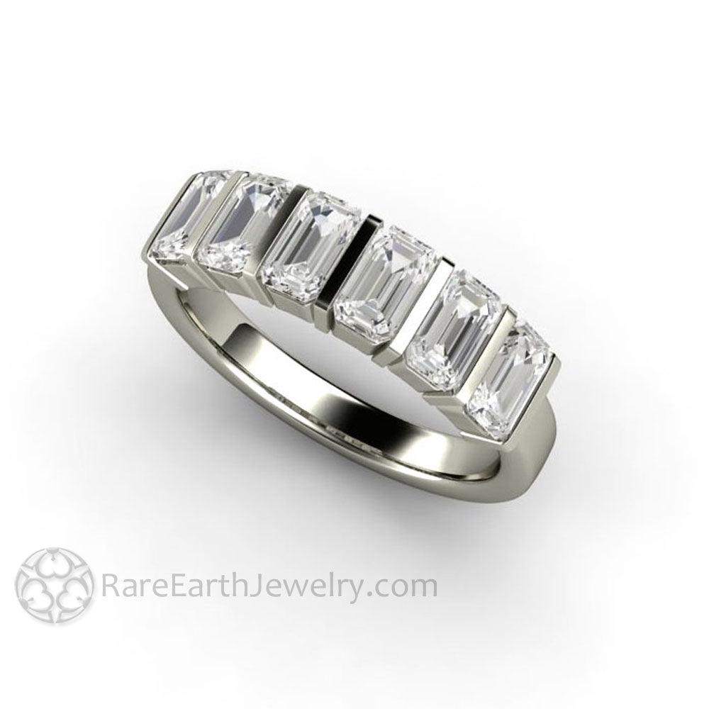 Bar Set Emerald Cut Moissanite Band or Wedding Ring Geometric Design, Rare Earth Jewelry