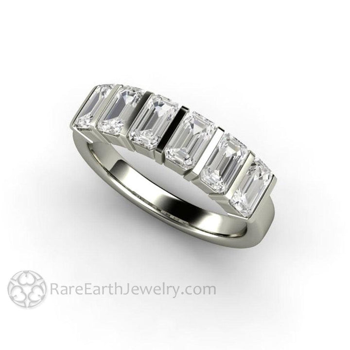 Bar Set Emerald Cut Moissanite Band or Wedding Ring Geometric Design, Rare Earth Jewelry