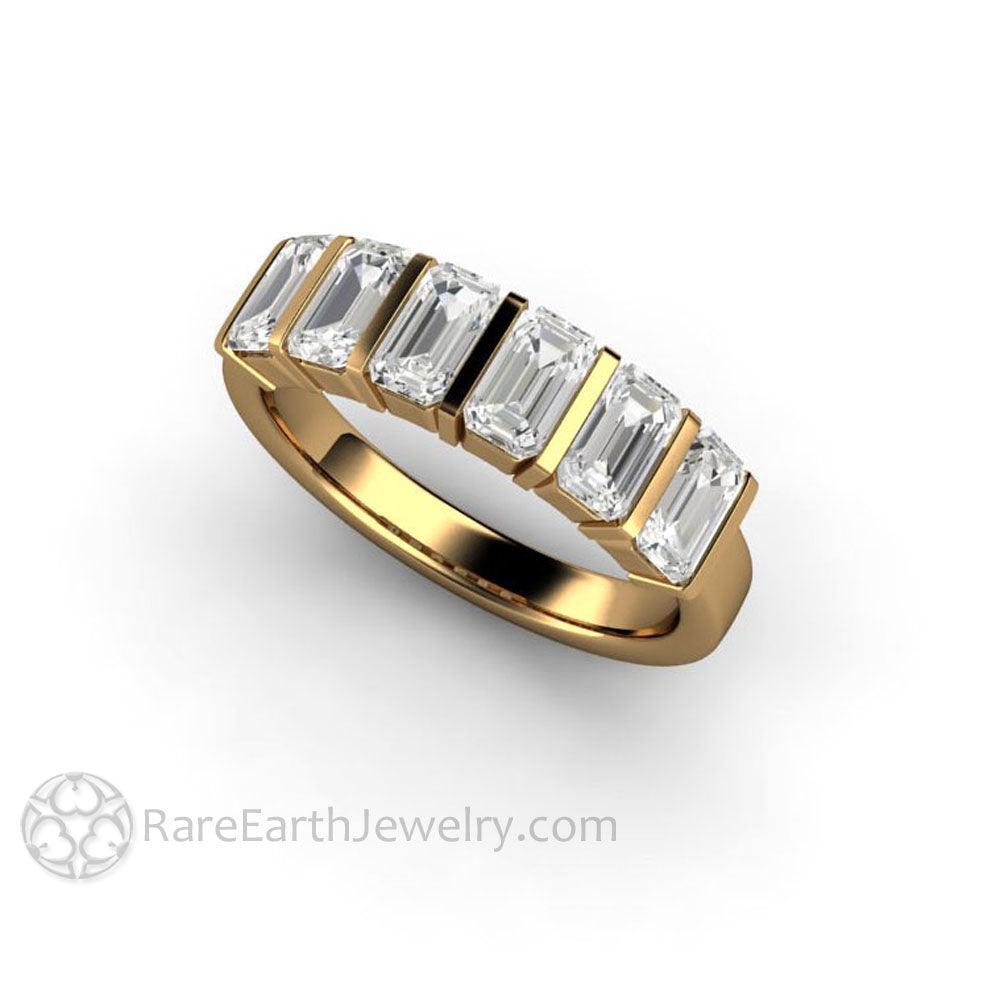 Bar Set Emerald Cut Moissanite Band or Wedding Ring Geometric Design, Rare Earth Jewelry