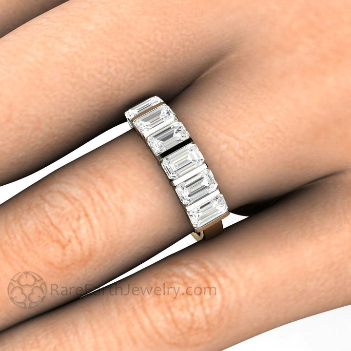 Bar Set Emerald Cut Moissanite Band or Wedding Ring Geometric Design, Rare Earth Jewelry