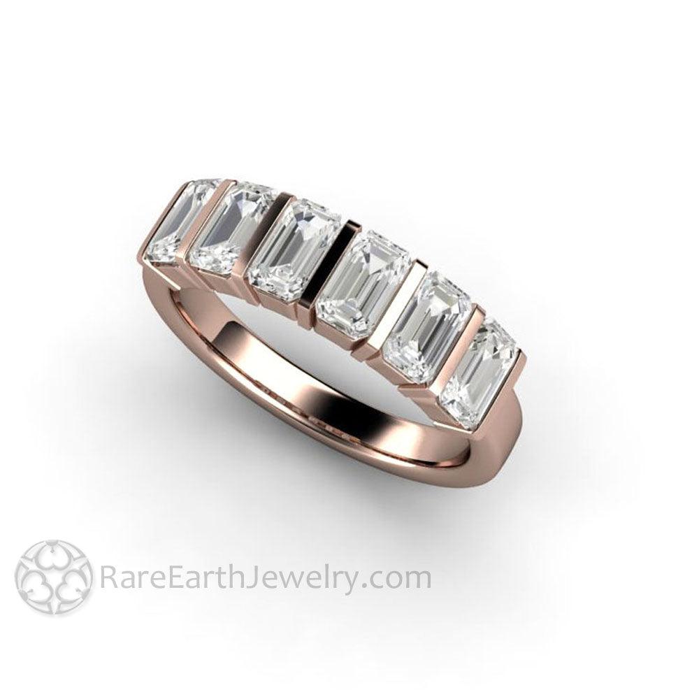 Bar Set Emerald Cut Moissanite Band or Wedding Ring Geometric Design, Rare Earth Jewelry