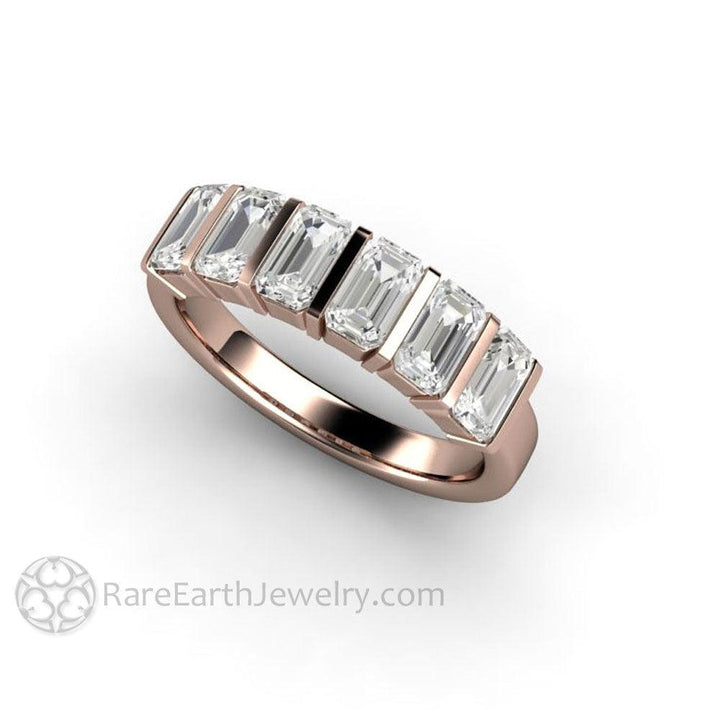 Bar Set Emerald Cut Moissanite Band or Wedding Ring Geometric Design, Rare Earth Jewelry